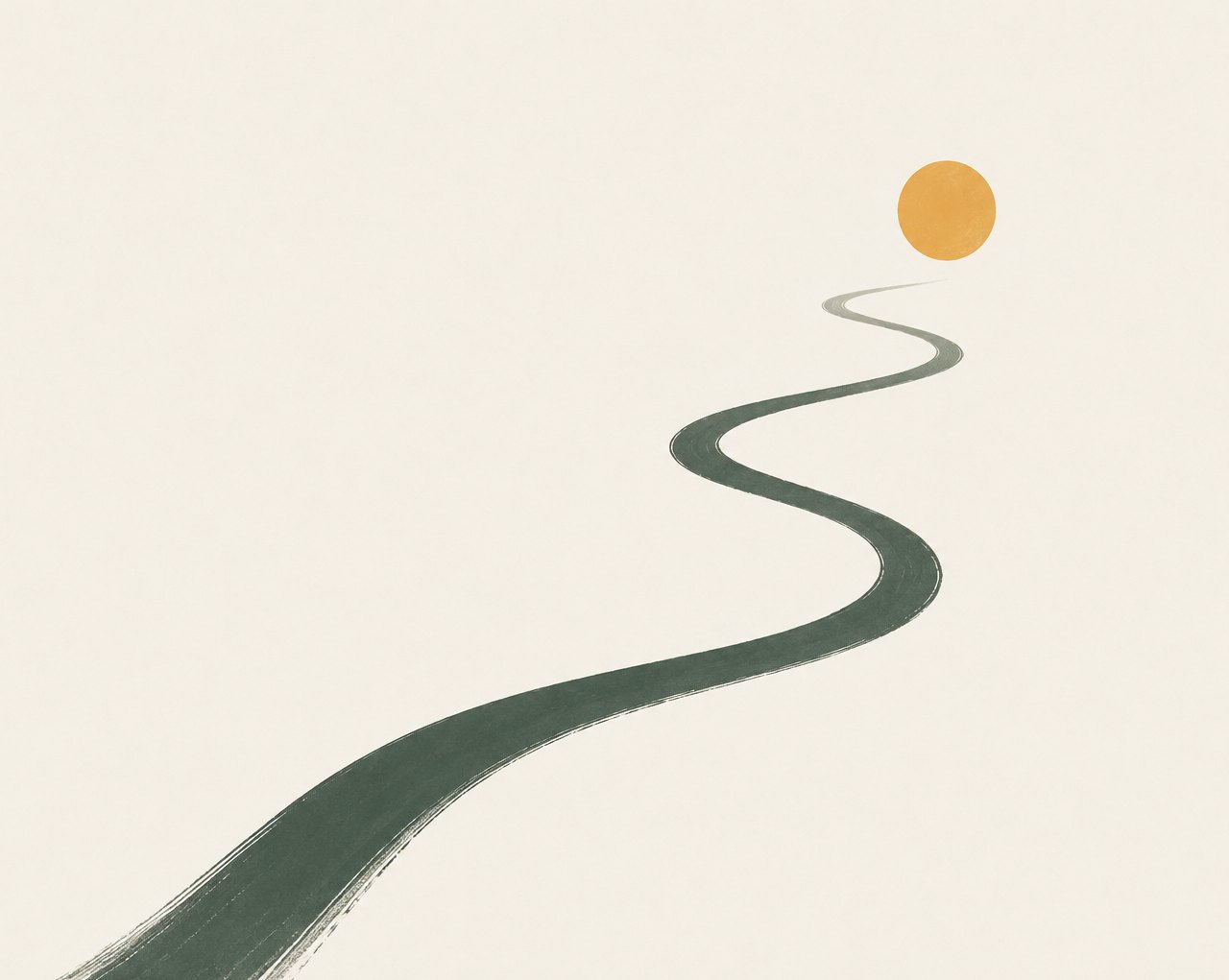 A brush-painted path winding toward the horizon beneath a low sun